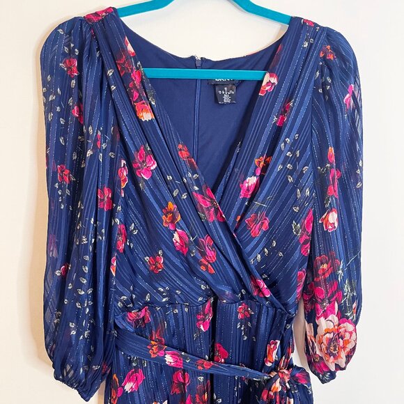 DKNY Women's Asymmetrical Hem Faux Wrap Floral Holiday Dress - Size 16 - Picture 3 of 6